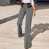 hulianfu Women Buttoned High Waist Wide Leg Tailored Pants Spring Casual Ladies Plaid Long Pencil Pants Elegant Trousers Overalls