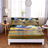 HULIANFU Sunset Beach Digital Printed 3pc Polyester  Fitted Sheet Mattress Cover Four Corners with Elastic Band Bed Sheet Pillowcases