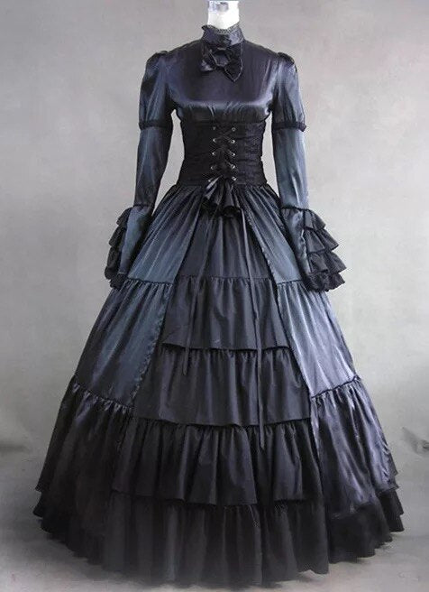 Gothic Vintage Cosplay Costume Women Victoria Bow Rococo Masquerade Floor-Length Layered Gown Robe Corset Lacing Dress For Lady