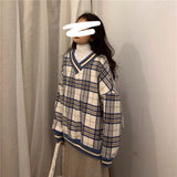 Oversized Hoodie Plaid Pullovers V-Neck Long Sleeve Top Women Loose Korean Fashion Clothing Harajuku Sweatshirt Women Clothing