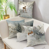 HULIANFU Merry Christmas Pillow Case Xmas Deer In Snow Forest Picture Cushion Cover For Home Sofa Decor Short Plush Pillowcases