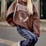 hulianfu Y2K Vintage Brown Sweatshirts Women Streetwear Egirl Aesthetic Letter Oversize Hoodies Harajuku Korean Style Female