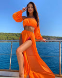 Women Mesh Sheer Bikini Cover-ups Set See-through Long Sleeve Crop Tops and Cover Up Skirts Two Piece Swimwear Beach Dresses