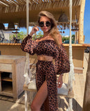 Women Mesh Sheer Bikini Cover-ups Set See-through Long Sleeve Crop Tops and Cover Up Skirts Two Piece Swimwear Beach Dresses