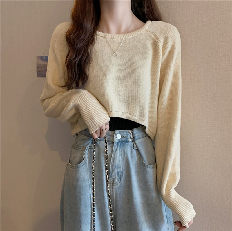 Hulianfu New Autumn Women Solid Sweater O-Neck Loose Sweater Pullover Crop Top Sweaters Shirts Femme Knit Outwear Jumpers