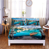 HULIANFU Sunset Beach Digital Printed 3pc Polyester  Fitted Sheet Mattress Cover Four Corners with Elastic Band Bed Sheet Pillowcases