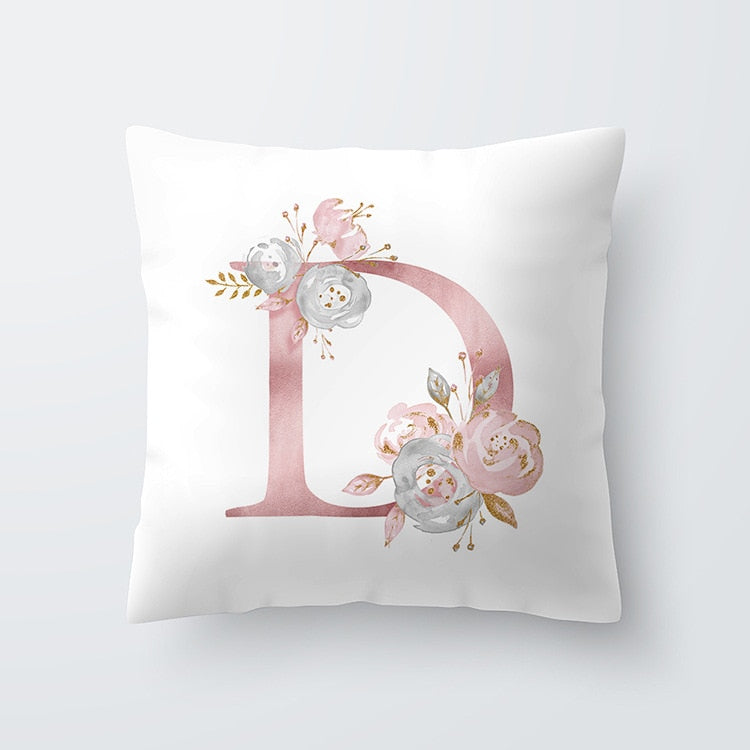 HULIANFU Pink Letter Decorative Floral Pillow Gold Alphabet Cushion for Sofa Polyester Pillowcase Decoration Salon
