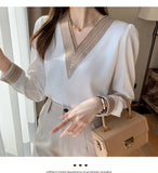 Long Sleeve White Blouse Tops Blouse Women Blusas Mujer De Moda hulianfu Embroidery V-Neck Chiffon Blouse Shirt Women Blouses E226