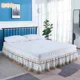 HULIANFU Top Selling Delicate Double Layers Luxury Stereoscopic Embroidered Flowers Lace Ruffle Bed Skirts with Strong Elastic Bed Cover