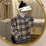 Oversized Hoodie Plaid Pullovers V-Neck Long Sleeve Top Women Loose Korean Fashion Clothing Harajuku Sweatshirt Women Clothing