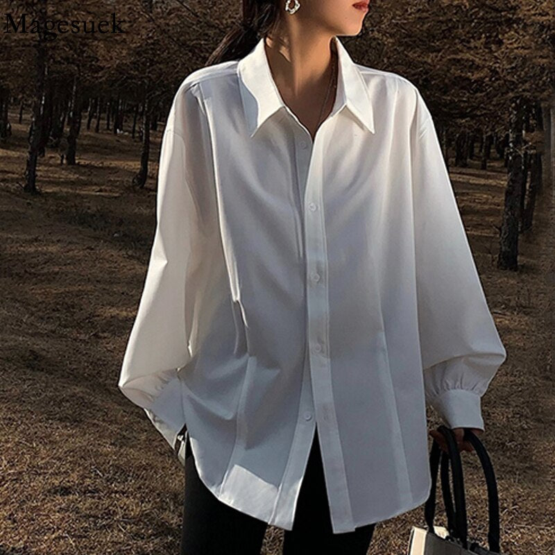 hulianfu Korean Fashion Office Ladies Shirt Women Long Sleeve Oversized Blouse Top Female Spring Vintage Women Elegant White Shirt 18347