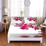 HULIANFU Pink Flower Digital Printed 3pc Polyester  Fitted Sheet Mattress Cover Four Corners with Elastic Band Bed Sheet Pillowcases