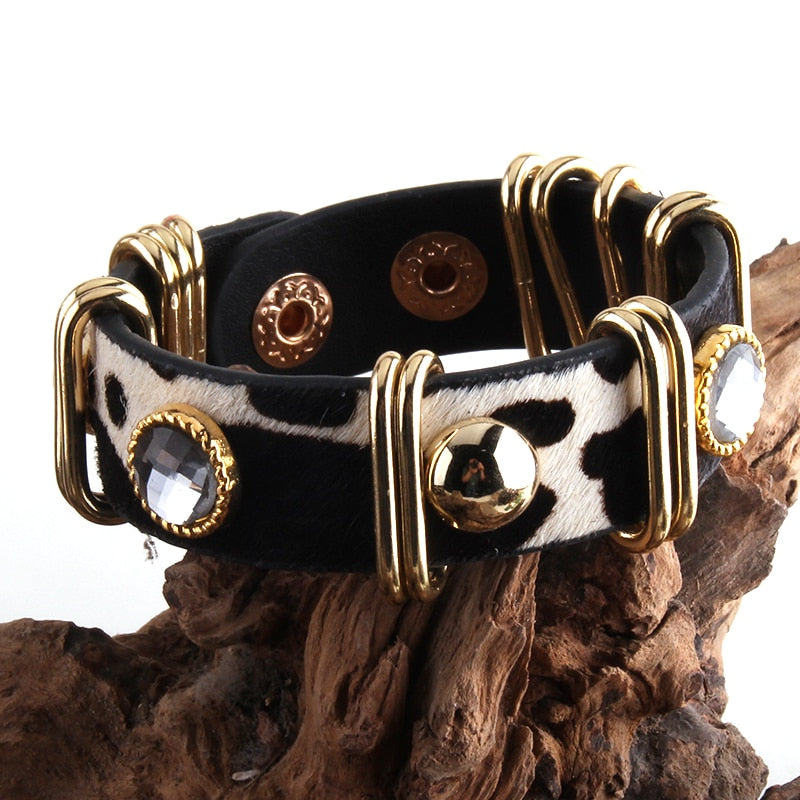 HULIANFU RH Fashion Boho Leather Armbander Goldcolor Metal Rectangle Real Leopard Horsetail Leather Bracelets For Women Gift DropShip