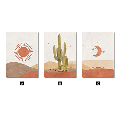 HULIANFU Nordic Desert Boho Canvas Prints Cactus Wall Art Abstract Landscape Sun and Moon Scene Wall Picture for Living Room Home Decor