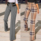 hulianfu Women Buttoned High Waist Wide Leg Tailored Pants Spring Casual Ladies Plaid Long Pencil Pants Elegant Trousers Overalls