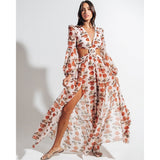 Beach Dress Summer Floral Swimsuit Print Belt Bathing Suit Women Long Cover Up Off Shoulder Beachwear Bandeau Halt Swimsuit