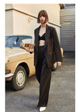 AEL Vintage Autumn Winter Women Pant Suit Dark Brown Loose Blazer Jacket & Wide Leg Pants   Office Suits Female Sets