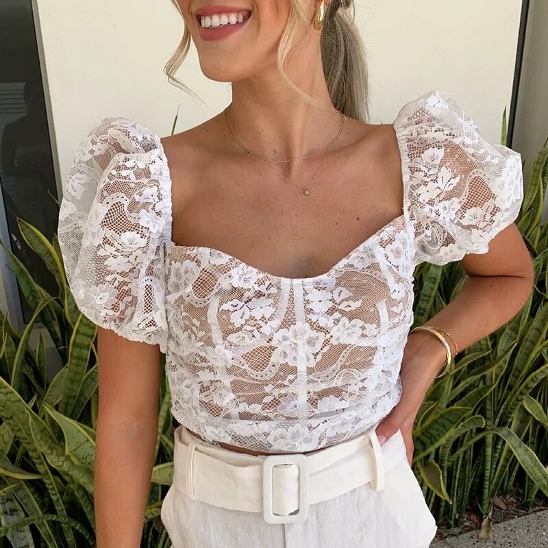 Vintage White Lace Blouse Shirt Women Summer Short Sleeve Crop Top Elegant Black Short Tops  Blusas De Mujer