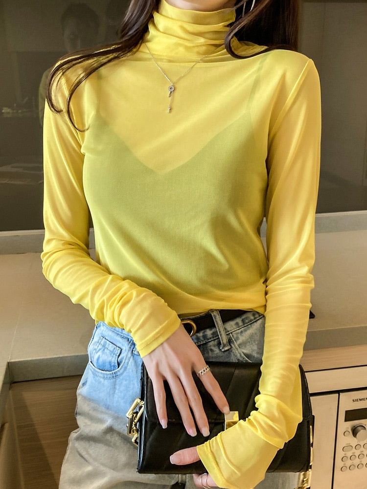 Hulianfu Size M-3XL Girls Colorful Mesh T-Shirts Tees Female Transparent Long Sleeve Turtleneck Thin Tshirt Tops Women Spring Fall