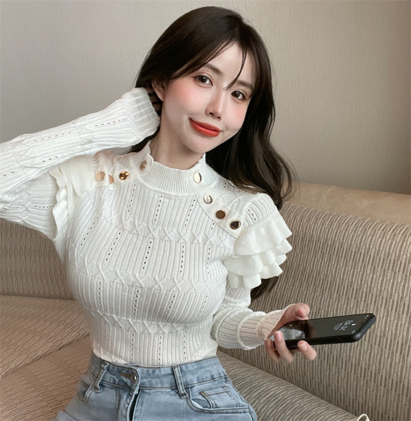 Hulianfu Full Sleeve Turtleneck Buttons Sweater Jumpers Girls Stretchy Chic Ruffles Autumn Spring Sweaters Pullovers Tops Women