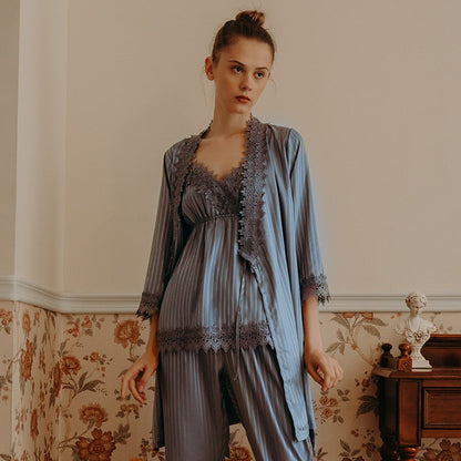hulianfu Women Pajamas Set Satin 4PCS Sleepwear Bathrobe Striped Nightwear With Lace Soft Intimate Lingerie Casual Homewear