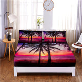 HULIANFU Sunset Beach Digital Printed 3pc Polyester  Fitted Sheet Mattress Cover Four Corners with Elastic Band Bed Sheet Pillowcases