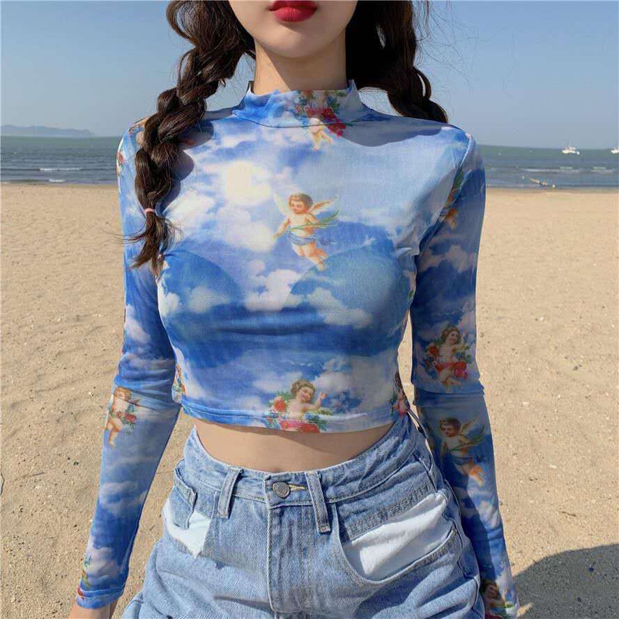 Hulianfu Angel Print Sheer Blue Black Mesh Long Sleeve Blouse Shirts Women Spring Summer Pullovers Elegant Sexy See Through Tops