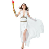 Halloween Greek Roman Goddess Costume Sexy Women Halter Neck Gown Slit Dress For Adult