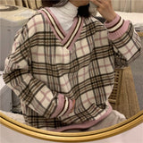 Oversized Hoodie Plaid Pullovers V-Neck Long Sleeve Top Women Loose Korean Fashion Clothing Harajuku Sweatshirt Women Clothing