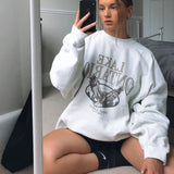 Beige White Vintage Letter Printed Thick Quality Crewneck Sweatshirt Women Oversized Winter Clothes Tops Loose Casual Streetwear