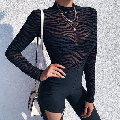 Hulianfu Black Mesh Transparent Sexy Bodysuit Long Sleeve Slim Skinny Stripe Mock Neck Casual Rompers Women Lady Party Club Body