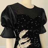 Sequin Black Dresses Velvet Embroidery Chest Wrapped Puff Sleeve Sparkly Dress Classy Ladies Spring Party Celebrity Birthday 4XL