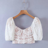 Vintage White Lace Blouse Shirt Women Summer Short Sleeve Crop Top Elegant Black Short Tops  Blusas De Mujer