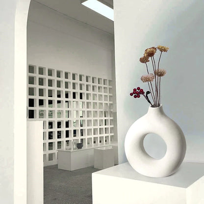 HULIANFU Nordic Vase Circular Hollow Ceramic Donuts Flower Pot Home Living Room Decoration Accessories Interior Office Desktop Decor Gift