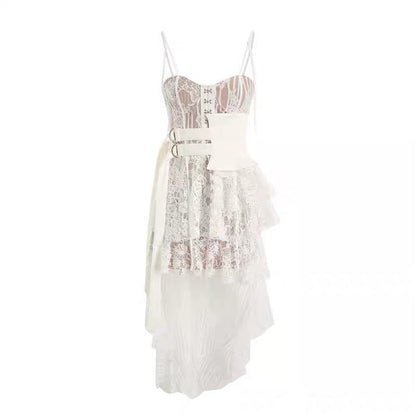 Lace High-low Sexy Summer Dress White Straps Belt Tied Women Dress D-ring Holiday Chic Ladies Party Dresses
