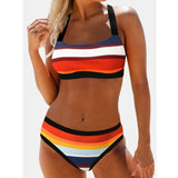 Women Colorful Stripe Print Back String Bikini Backless Swimwear Bathing Suits  Striped Swimsuit KZ090