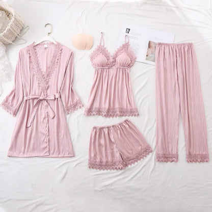 hulianfu Women Pajamas Set Satin 4PCS Sleepwear Bathrobe Striped Nightwear With Lace Soft Intimate Lingerie Casual Homewear