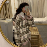 Oversized Hoodie Plaid Pullovers V-Neck Long Sleeve Top Women Loose Korean Fashion Clothing Harajuku Sweatshirt Women Clothing