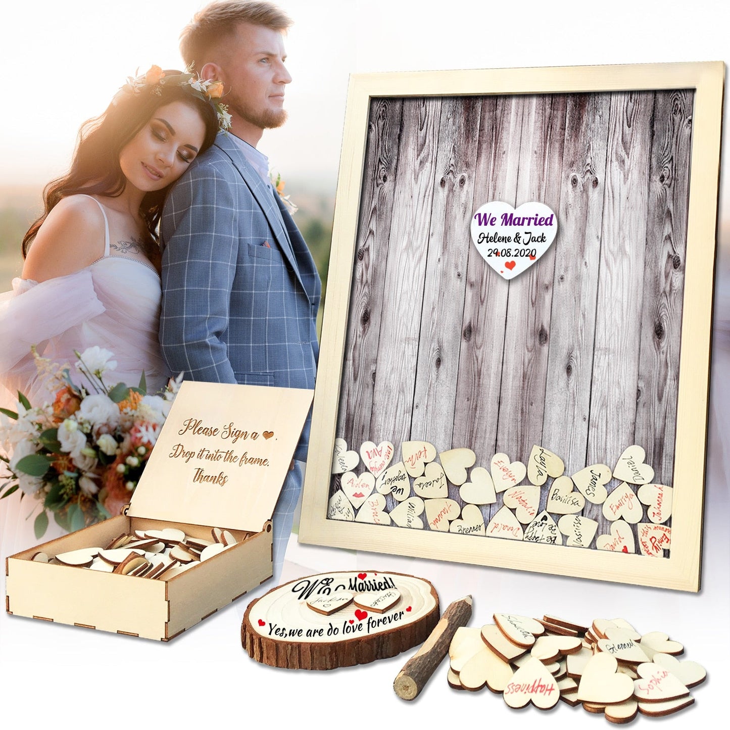 HULIANFU Wedding Guest Book Personalized Wedding Decoration Rustic Sweet Wedding Guestbook 120pcs Small Wood Hearts