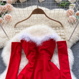 Women Elegant Dress For New Year  Strapless Backless Furry Sexy Short Mini Christmas Dress Navidad Red Party Dress Femme