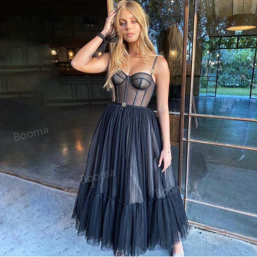 hulianfu Booma Black Dotted Tulle Prom Dresses Spaghetti Straps Boning A-Line Short Prom Gowns Illusion Tea-Length Wedding Party Dresses