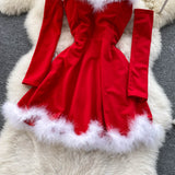 Women Elegant Dress For New Year  Strapless Backless Furry Sexy Short Mini Christmas Dress Navidad Red Party Dress Femme