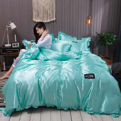 HULIANFU Pure Satin Silk Bedding Set Lace Luxury Duvet Cover Set Single Double Queen King Size 240x220 Couple Quilt Covers White Gray Red