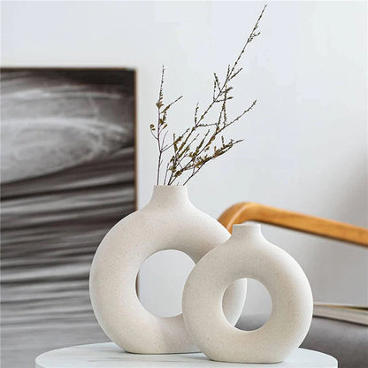 HULIANFU Nordic Vase Circular Hollow Ceramic Donuts Flower Pot Home Living Room Decoration Accessories Interior Office Desktop Decor Gift