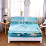 HULIANFU Sunset Beach Digital Printed 3pc Polyester  Fitted Sheet Mattress Cover Four Corners with Elastic Band Bed Sheet Pillowcases