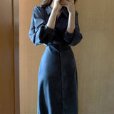 Hulianfu Vintage Evening Shirt Dresses for Women Party Fashion High Waist Korean Lace Up Long Woman Dress Elegant Autumn 2023 Vestidos
