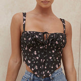 NewAsia Floral Corset Women Sweet Print Hollow Up Tie Up Sexy Crop Top Summer Sleeveless Ruched Boning Bustier Casual Tank Top
