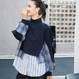 hulianfu Spring Women Sweatshirt Turtleneck Long Sleeve Asymmetrical Patchwork Plaid Striped Streetwear Loose Pullover Female Tops