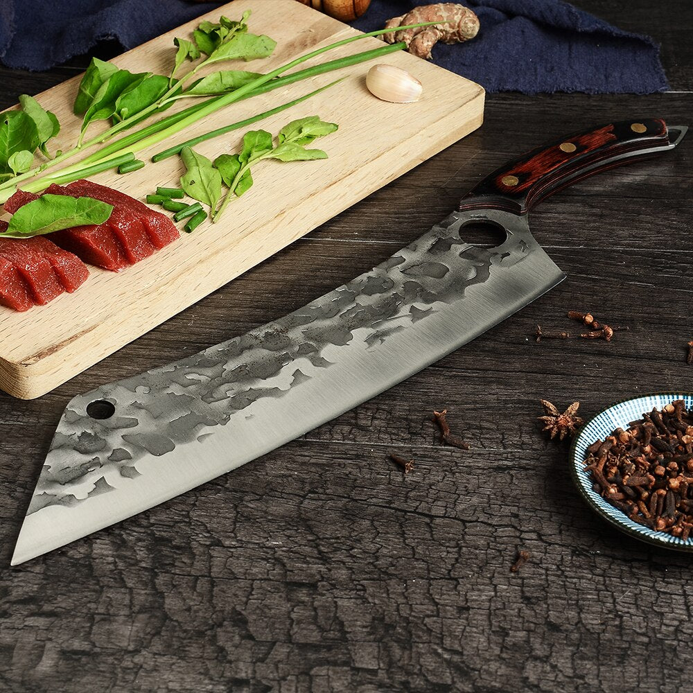 HULIANFU Sowoll Kitchen Knife High Carbon Steel 12.5 Inch Long Chef Knife Forged Vegetable Cooking Cleaver Cutting Slicer Meat Knife Tool
