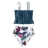 Smocked Blue Leaves Print Bikini Sets Women Ruffle High-waist Tankini Two Pieces Swimsuits Girl Boho Bathing Suits